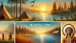  A peaceful Native American village by a great lake at sunset, with warm golden light reflecting on the water and the surrounding forests. The tranquil scene introduces the serene yet mystical setting of the story.