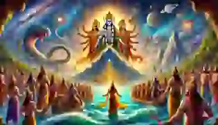 The Great Churning Begins - A depiction of the Devas and Asuras gathered around the towering Mount Mandara, ready to churn the cosmic ocean in search of the nectar of immortality. The tension in the atmosphere is palpable as the giant serpent Vasuki coils around the mountain, prepared for the monumental task ahead.