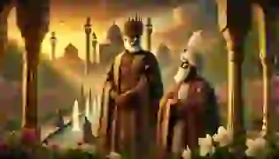 The shah and his loyal vizier stand in the palace gardens of ancient Persia, bathed in the golden light of the sunset, discussing the challenges ahead amidst the blooming jasmine and flowing fountains.