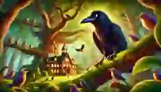 Riley, the young raven, perched high above, looks over her new school nestled within the grand oak tree in the forest, capturing the excitement and wonder of her upcoming adventure.