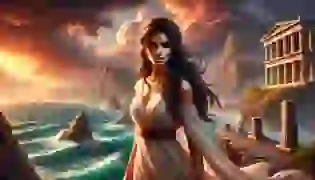 A foreboding scene introduces Lamia’s tragic tale in ancient Greece, as she stands on a cliff’s edge overlooking the turbulent Aegean Sea. Her expression, a blend of sorrow and strength, hints at the trials and transformation that lie ahead.