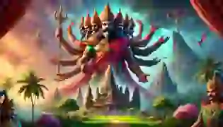  Ravana, the Demon King of Lanka, stands tall and powerful in his majestic island kingdom, symbolizing his reign of both wisdom and turmoil, surrounded by the grandeur of his empire.