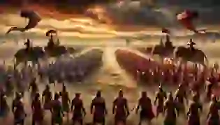 A tense moment before the Battle of Kurukshetra, as the two massive armies of the Pandavas and Kauravas prepare to clash on the battlefield, under a fiery sunset that mirrors the intensity of the looming conflict.