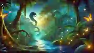 A mystical introduction to the legend of the Boiúna, depicting the vibrant Amazon rainforest under a twilight sky, with a hint of the serpent's shadow blending into the dense foliage.