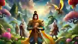 The legendary Monkey King, Sun Wukong, stands at the forefront, wielding his magical staff in golden armor, ready for the journey. Beside him are his companions: the devoted monk Tang Sanzang, the gluttonous Zhu Bajie, and the stoic Sha Wujing. Together, they face the adventure ahead, set against the majestic mountainous landscape of ancient China.