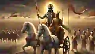 Arjuna and Krishna on the battlefield of Kurukshetra, as dawn breaks and the great war looms. Arjuna’s inner conflict contrasts with Krishna’s serene guidance, setting the stage for the timeless wisdom of the Bhagavad Gita.