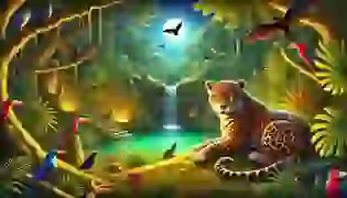 The majestic jaguar, Xbalan, guards the glowing Cenote under a moonlit Mesoamerican jungle, as the cunning bat, Chimal, silently observes, setting the stage for a tale of wisdom and strength.