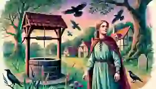 The young girl, standing resolute by the village well, prepares for her journey to rescue her seven brothers who have been transformed into ravens, while the birds take flight in the distance. Her determination shines through, setting the tone for her brave quest.