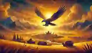 The Legend of Chaghan begins: A majestic grey eagle soars above the golden steppes of Kazakhstan, its shadow a symbol of protection and mystery for the ancient village below.