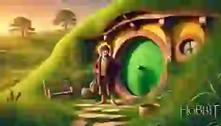 Bilbo Baggins stands outside his cozy hobbit-hole, gazing towards the horizon with a mix of curiosity and hesitation, about to embark on an unexpected adventure. The lush green hills of the Shire surround him, capturing the peaceful ambiance of his home before the journey begins.