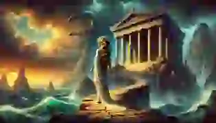 A tense moment before Medusa's transformation, as she stands in the entrance of the temple of Athena. Dark clouds gather, foreshadowing the tragic events that are about to unfold.