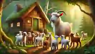 The mother goat stands protectively outside her quaint cottage, giving important instructions to her seven lively young kids as they eagerly listen. The warm sunlight filters through the lush forest, setting the tone for their tale.