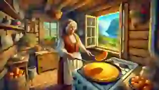 An old woman cooks a golden pancake in her cozy Norwegian cottage, with a beautiful view of rolling hills and fjords outside her window. The pancake appears to have a life of its own, ready to start its adventurous journey.