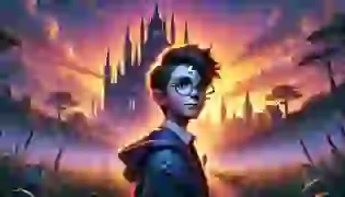 A young boy stands before the magical castle of Hogwarts, the dawn of a new adventure on the horizon, filled with mystery and excitement