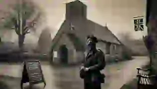 An American soldier stands outside a small English church on a rainy afternoon in 1944, seeking solace amidst the shadows of war