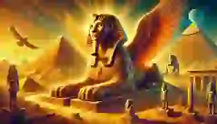 The majestic Sphinx stands under the golden desert sun, guarding the secrets of ancient Egypt with its divine presence and enigmatic gaze.