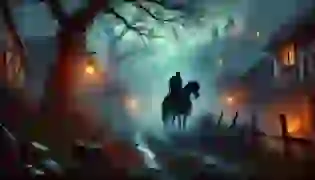 A misty evening in Sleepy Hollow, with dark woods looming in the background. The shadowy figure of the Headless Horseman emerges from the fog, setting the ominous tone of the legend.