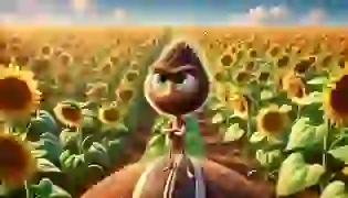 A mischievous sunflower seed stands alone in a vast, bright sunflower field, ready to begin an unexpected journey of self-discovery.