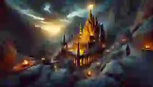  A majestic view of the Fire Temple of Azar, nestled within the rugged mountains of Persia, its golden spires illuminated by the glow of the eternal flame as the sun sets behind the peaks. The scene exudes a sense of mystery and grandeur, marking the beginning of Prince Kaveh’s journey.