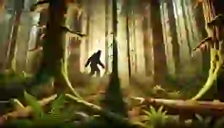 A mysterious figure lurks in the shadowy depths of the Pacific Northwest forest, setting the stage for the legend of Bigfoot.