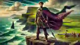 Finn MacCool stands heroically on the rugged cliffs of Ireland, overlooking the vast ocean, embodying the spirit of a legendary warrior poised to defend his land.