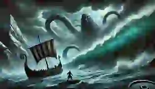 The Kraken emerges from the depths beneath a Viking longship, as stormy skies and churning seas set the stage for an epic battle between man and nature.