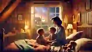 A mother gently comforts her twin children in their cozy bedroom, sharing the heartwarming story of the Invisible String during a stormy night, setting the tone of love and reassurance.