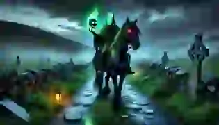 The Dullahan rides through the fog-covered Irish countryside at dusk, his glowing head casting an eerie light, while his black steed’s glowing red eyes add to the chilling scene.