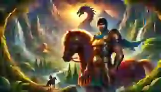 Rustam stands resolute beside his steed, Rakhsh, at the brink of his legendary journey to confront the seven-headed dragon. The glowing cave in the distance marks the perilous path ahead, bathed in the light of a golden sunset symbolizing courage and determination.