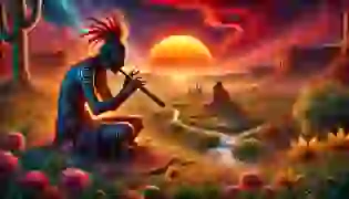 Kokopelli playing his flute at sunset, bringing life to the barren desert landscape with his mystical music. The air is filled with magic as flowers bloom, crops rise, and water flows around him, embodying the ancient spirit of the Southwest.