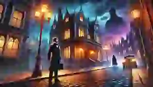 A moody Victorian-era London street introduces Dr. Jekyll and Mr. Hyde, with Dr. Jekyll standing near a gothic house, while the shadow of Mr. Hyde looms ominously in the background, symbolizing the conflict between good and evil.