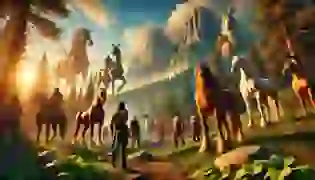 A group of centaurs gathers in a serene forest clearing, bathed in golden sunlight. Towering mountains and lush greenery surround them, setting the scene for a mythical adventure in ancient Greece.