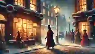 The opening scene of A Christmas Carol captures Victorian London in the festive season. Ebenezer Scrooge, cold and indifferent, walks past cheerful carolers and snow-covered shopfronts, setting the tone for his journey of redemption.