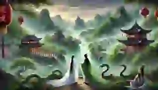 Bai Suzhen and Xiaoqing stand before the misty hills and ancient temples of West Lake, their human forms reflecting the magical, mysterious atmosphere of the tale as they gaze toward the bustling festival.