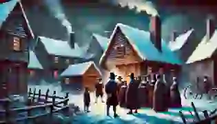 A tense scene in a small Puritan village during the winter of 1692, where fear and suspicion of witchcraft looms over the community as villagers gather in anxious discussion. Smoke rises from the snow-covered wooden cottages, contributing to the eerie atmosphere of the Salem Witch Trials.