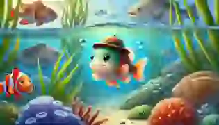 A small, confident fish glides through vibrant underwater scenery, proudly wearing a tiny hat, unaware of the silent, watchful world around him. The tranquil setting hints at both adventure and consequence.