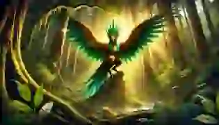 Kurangaituku, the majestic bird-woman, stands tall in the heart of the ancient New Zealand forest, her emerald and gold feathers shimmering in the sunlight, exuding strength and mystery.