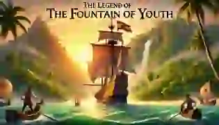 A Spanish galleon sails toward the uncharted coast of Florida, as its crew dreams of discovering the legendary Fountain of Youth. The golden sunset casts a hopeful glow over the lush landscape, filled with the promise of adventure.