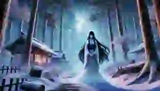 The haunting figure of Yuki-onna, the Snow Woman, stands in the center of a snow-covered forest at dusk, her serene yet distant expression mirroring the cold and mysterious atmosphere of the scene.