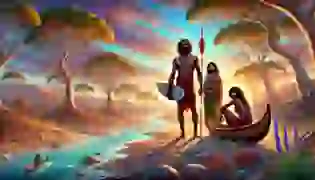 The Djanggawul siblings arrive on the shores of Australia, beginning their sacred journey to shape the land. As they step ashore, the barren landscape starts to transform, with trees and rivers emerging under the first light of dawn.