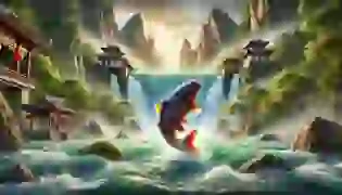 A vivid depiction of the legendary Dragon Gate, where the Yellow River's powerful waterfall cascades through towering mountains. A brave carp leaps, challenging the surging currents in the hopes of becoming a mighty dragon. The scene is filled with energy and determination, symbolizing the strength of perseverance.