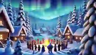 Awan's snowy village with villagers around a fire under the twilight sky and northern lights.