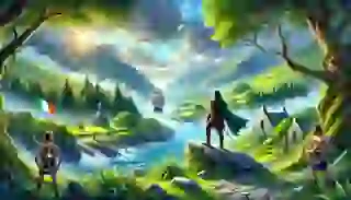 Introduction scene showing Ulysses arriving in Ireland, greeted by lush green hills and misty forests.