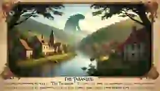 A peaceful medieval French village by the river, set against rolling hills and trees. In the distance, shadows loom, hinting at the presence of a mysterious creature. The serene atmosphere is tinged with tension, introducing the legend of the Tarasque.