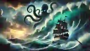 The Kraken’s shadow looms beneath the stormy waves of the North Atlantic as a ship’s crew braces against the tempest, setting the stage for a legendary tale of fear and survival.