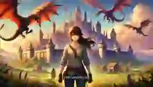 A young woman stands determined in front of the towering Basgiath War College, with dragons soaring in the sky above her. This marks the beginning of her perilous journey to become a dragon rider, where adventure and danger await at every turn.