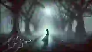 A misty road on Balete Drive, shrouded in fog and eerie moonlight, where the ghostly figure of the White Lady stands by the edge, casting an ominous presence over the haunting path.