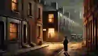 The young boy gazes across the dimly lit street of early 20th-century Dublin, captivated by the distant figure of Mangan’s sister standing in her doorway, as the soft twilight wraps the street in a quiet sense of anticipation and yearning.