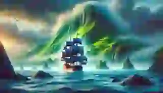 Gulliver's ship approaches a fog-covered island off the coast of Ireland, surrounded by green hills and an enchanting atmosphere.