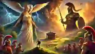 Athena and Ares stand on opposite sides of a vast battlefield, symbolizing the clash between wisdom and war. Athena shines in her silver armor with an owl perched on her shoulder, while Ares, enveloped in a storm, raises his sword in fury. The golden light of dawn hints at the unfolding struggle between strategy and chaos in ancient Greece.